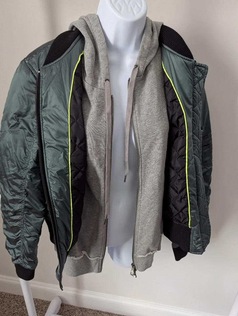 Men's Quilted Bomber Jacket in Deep Green with Grey Hoodie Layer